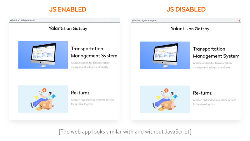 Our app with enabled and disabled JavaScript