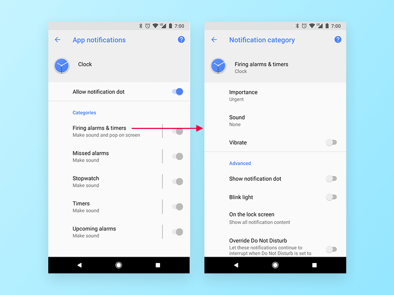 Push notification settings for the Clock app and one of its channels