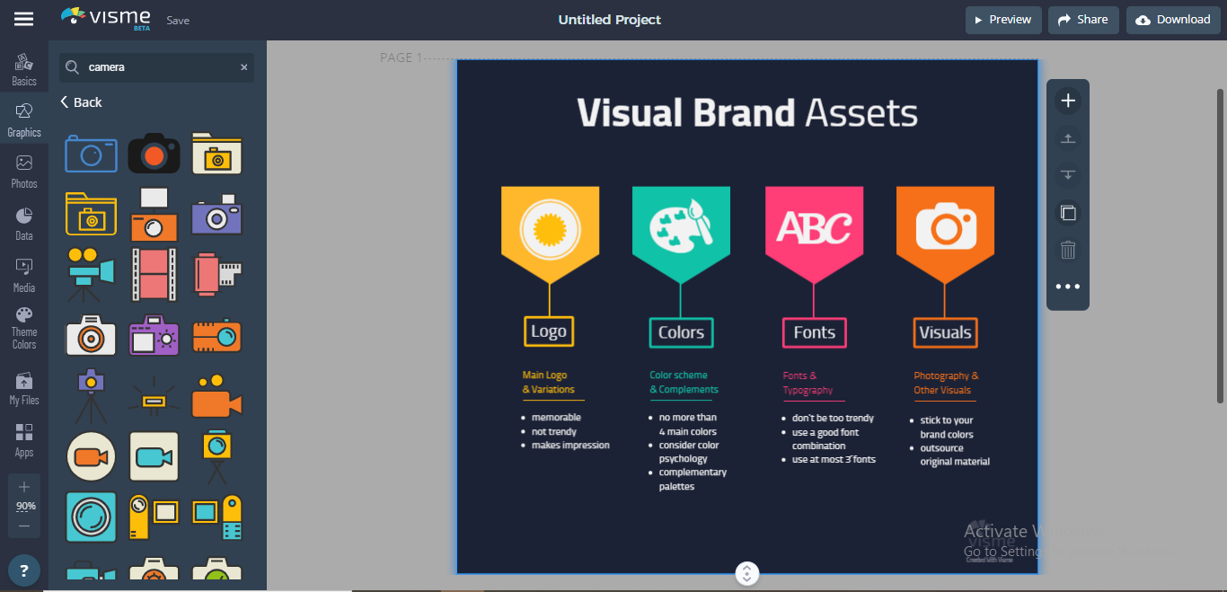 Visme has searchable libraries of free graphic assets