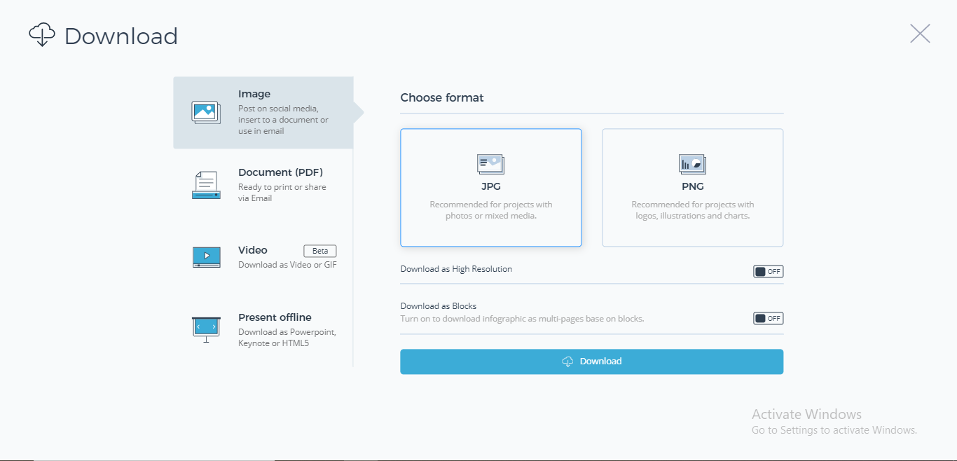 Visme multiple download and share options