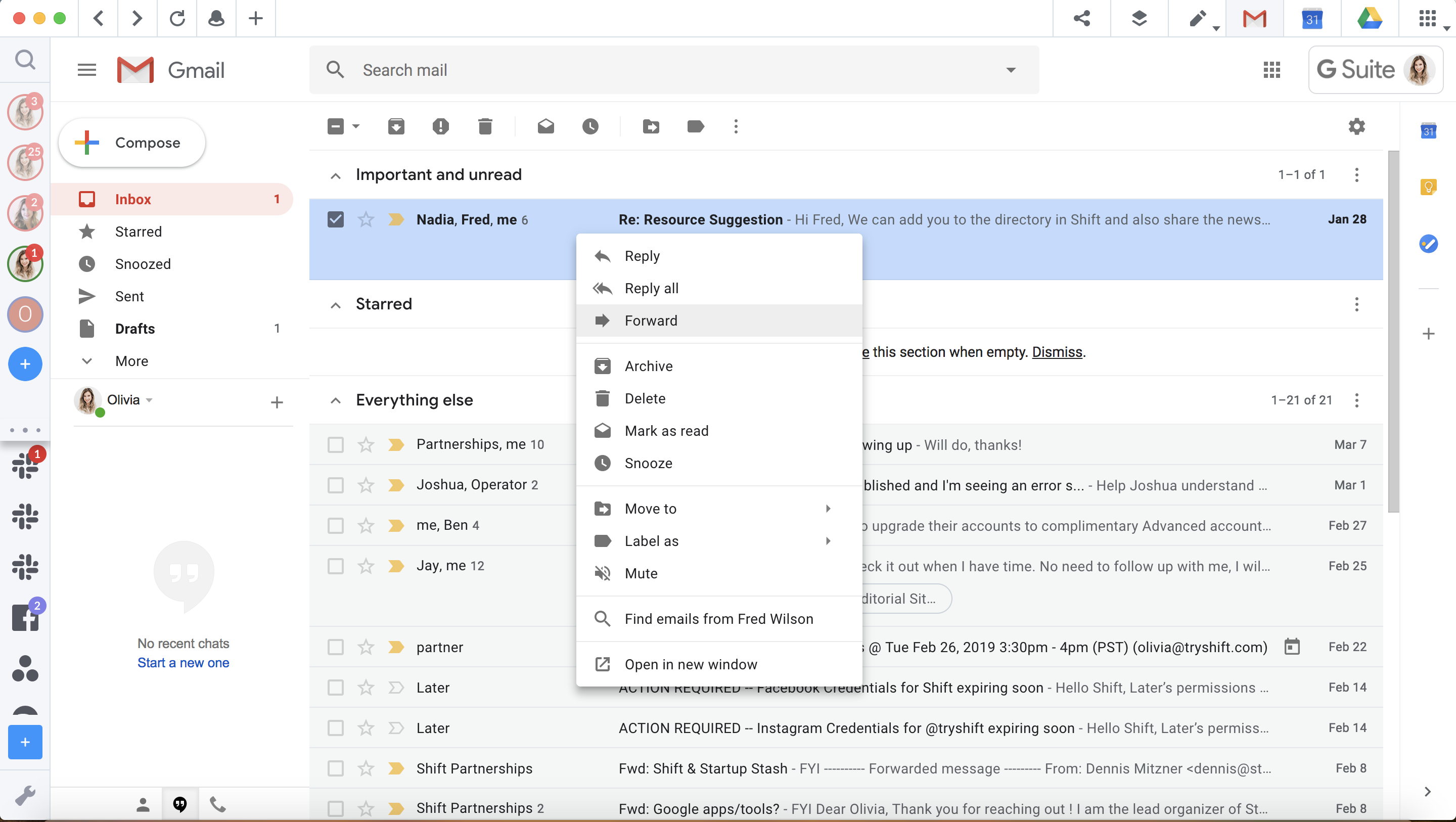 Use Gmail's right-click menu to reply and forward emails. 