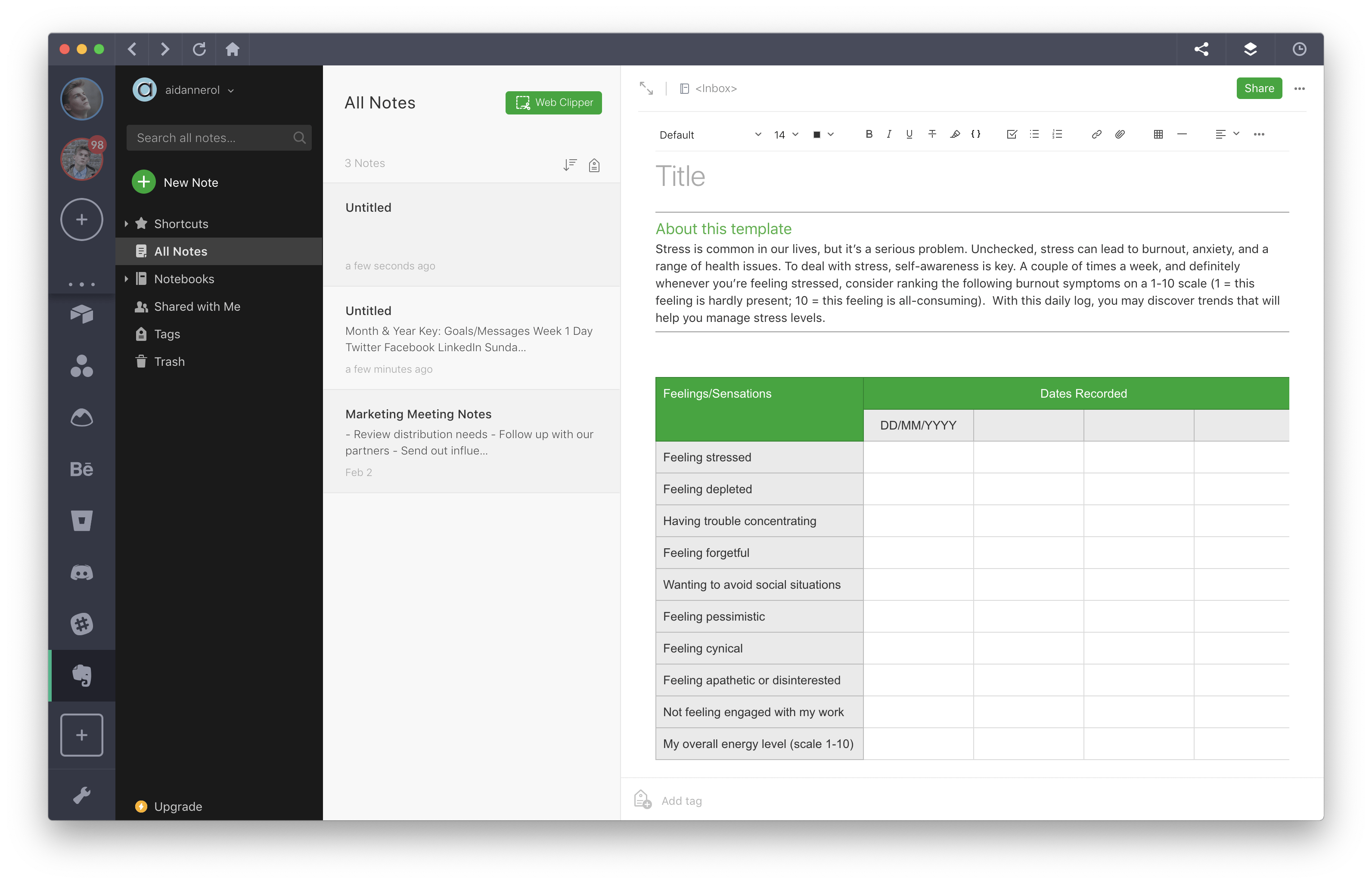 evernote templates stress log