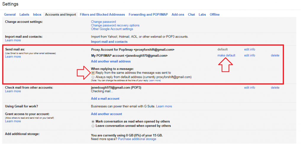 To ensure it appears that you are reply from your POP/IMAP account, go to the ‘Check mail from other accounts’ section and check the option to ‘Reply from the same address the message was sent to’.