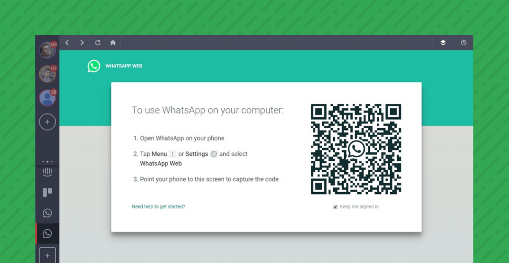 The QR code for tethering your WhatsApp account to the desktop version in Shift.