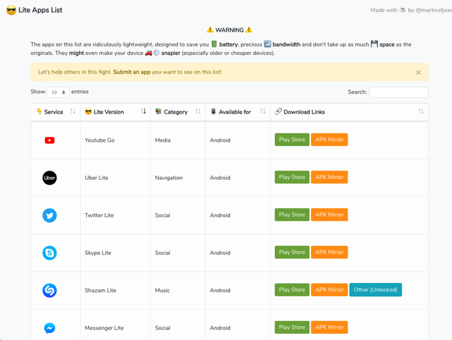 Lite Apps List