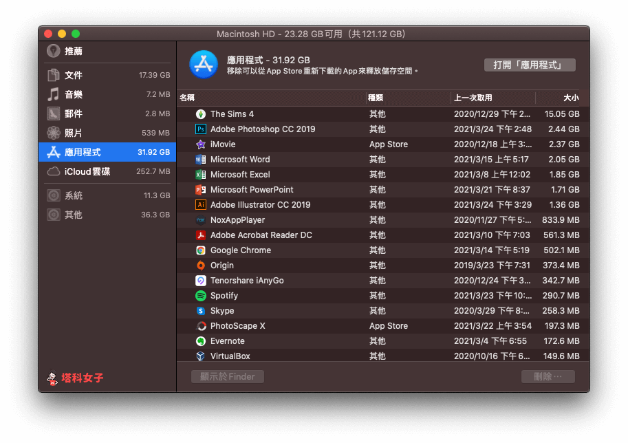 清理 Mac 儲存空間：刪除應用程式