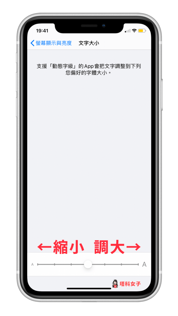 iPhone 字體大小｜螢幕顯示與亮度 > 文字大小