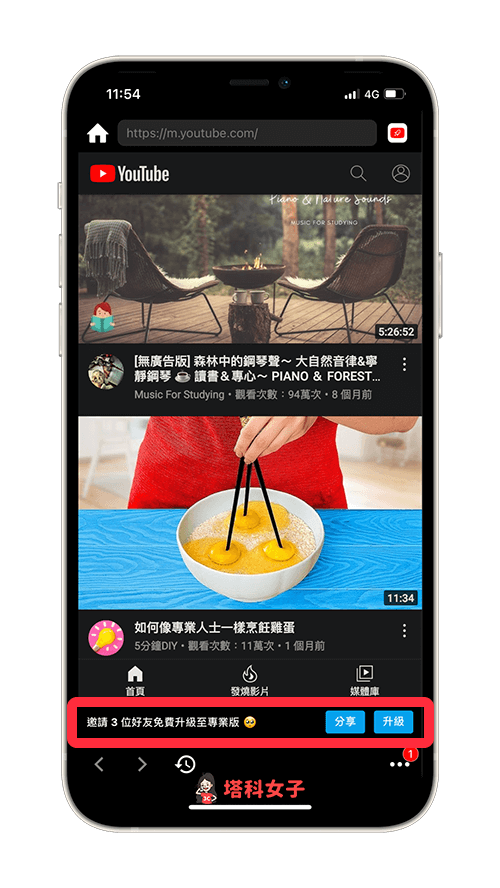 免費升級至 Tube Browser Pro 專業版：點選「升級」