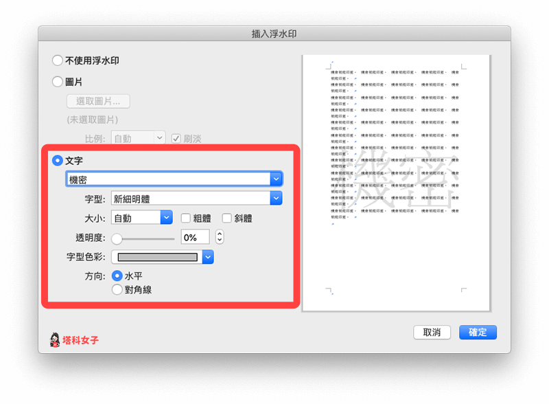 Word 新增文字浮水印：文字內容設定