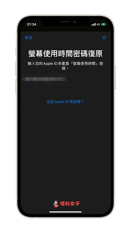 忘記螢幕使用時間密碼：輸入 Apple ID 密碼