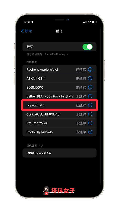 iPhone 與 Switch Joy Con 手把配對：確認已連線