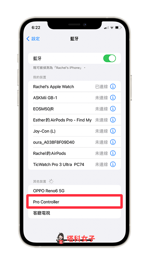 iPhone 與 Switch Pro 手把配對連線：點選 Pro Controller