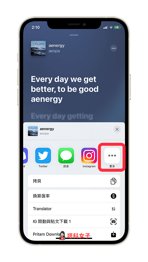 iPhone Apple Music 分享到 IG：點選「更多」