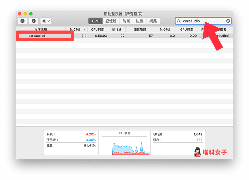 開啟「活動監視器」輸入 coreaudiod