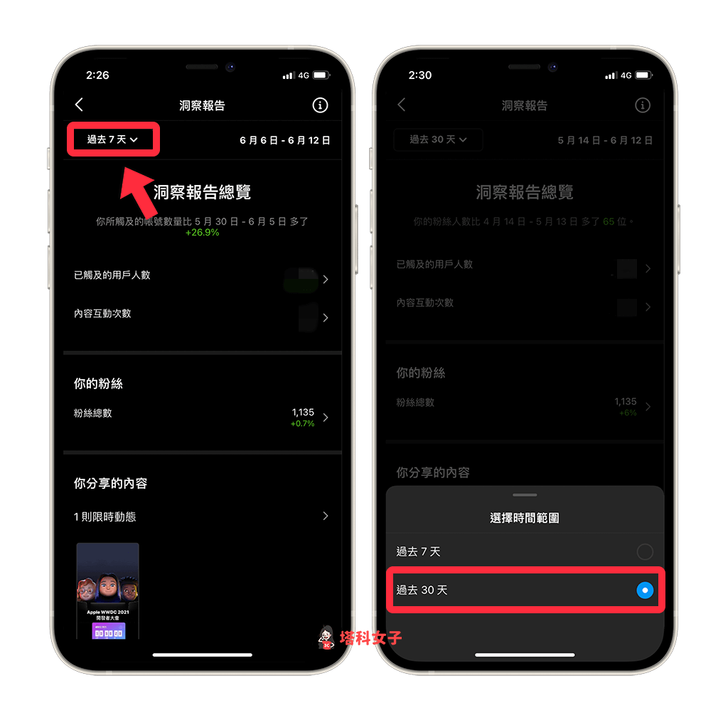 將洞察報告內的時間範圍改為過去 30 天