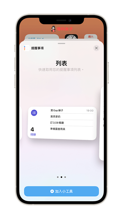 將 iOS 提醒事項顯示在 iPhone 桌面：選擇小工具尺寸