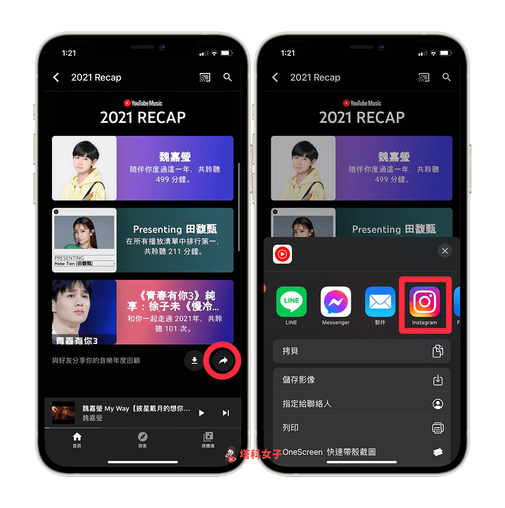 分享 YouTube Music 年度回顧：在 2021 Recap 下點選分享