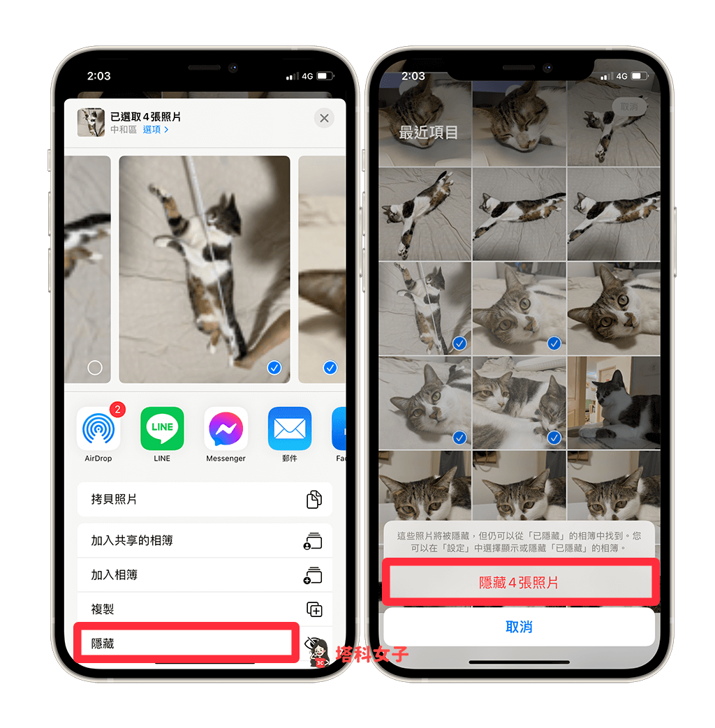 內建 iPhone 隱藏照片功能：點選「隱藏」