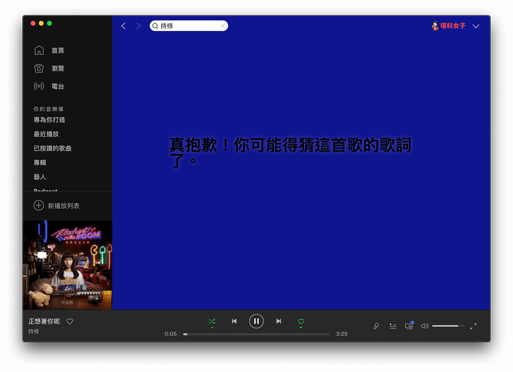 Spotify 電腦版 歌詞：有些歌曲沒有歌詞服務