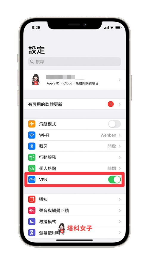 iPhone 查看 VPN 連線狀態：在設定內查看