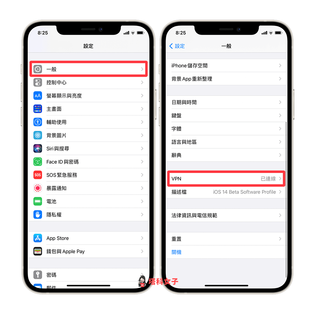 iPhone 查看 VPN 連線狀態：在一般內查看