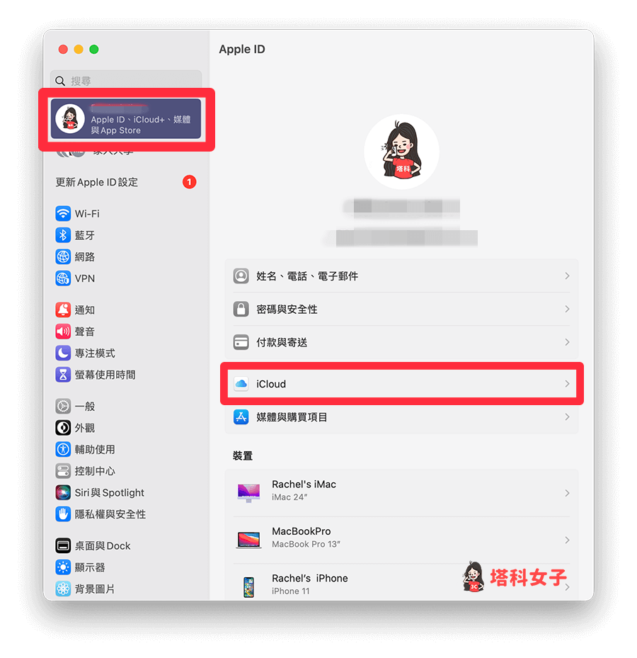 設定 Mac 上的 iCloud 雲碟：Apple ID > iCloud