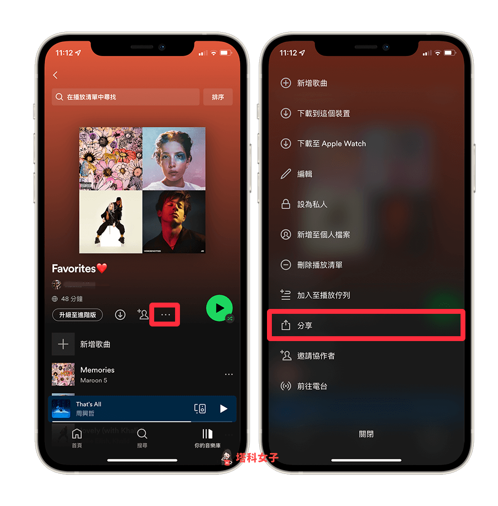 分享 Spotify 歌單連結：點選分享