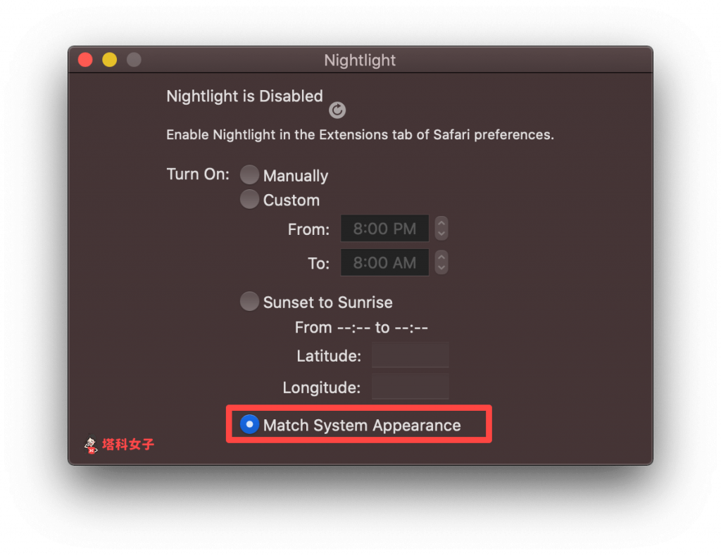 Safari 深色模式 Mac｜設定 「Nightlight for Safari」