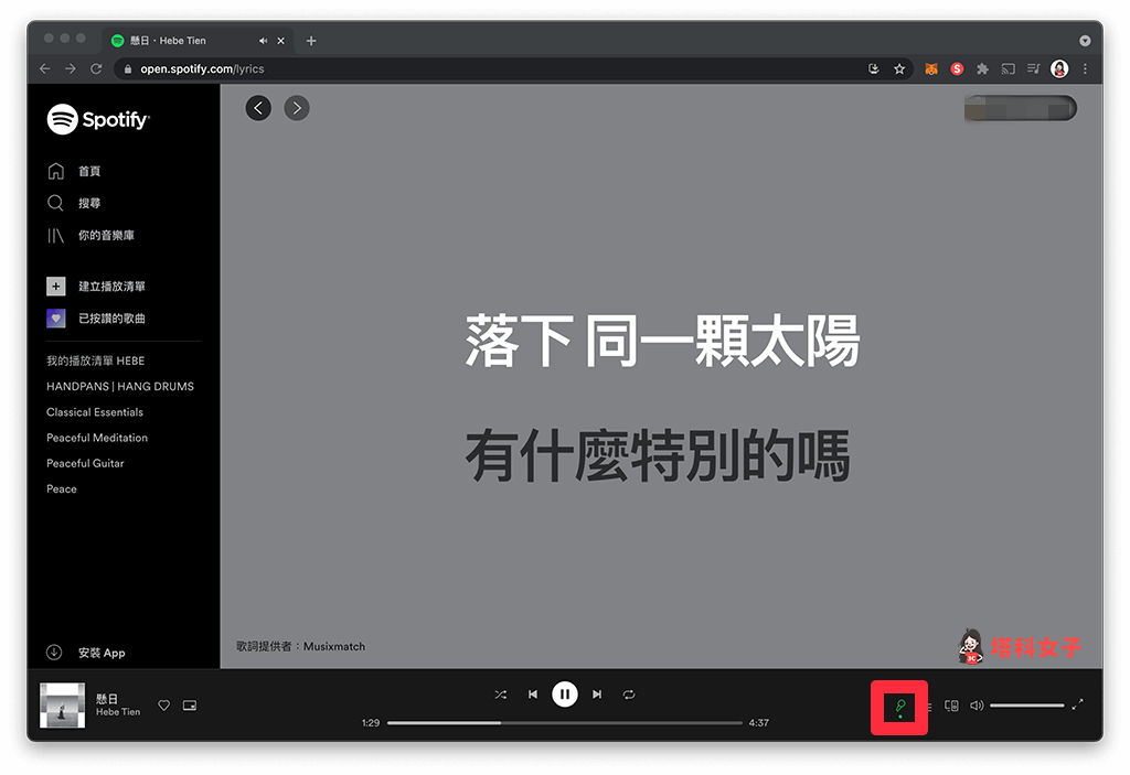 Spotify 網頁版歌詞功能