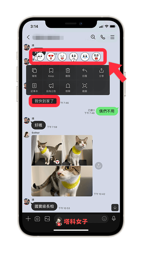 長按 LINE 訊息來使用表情符號回應