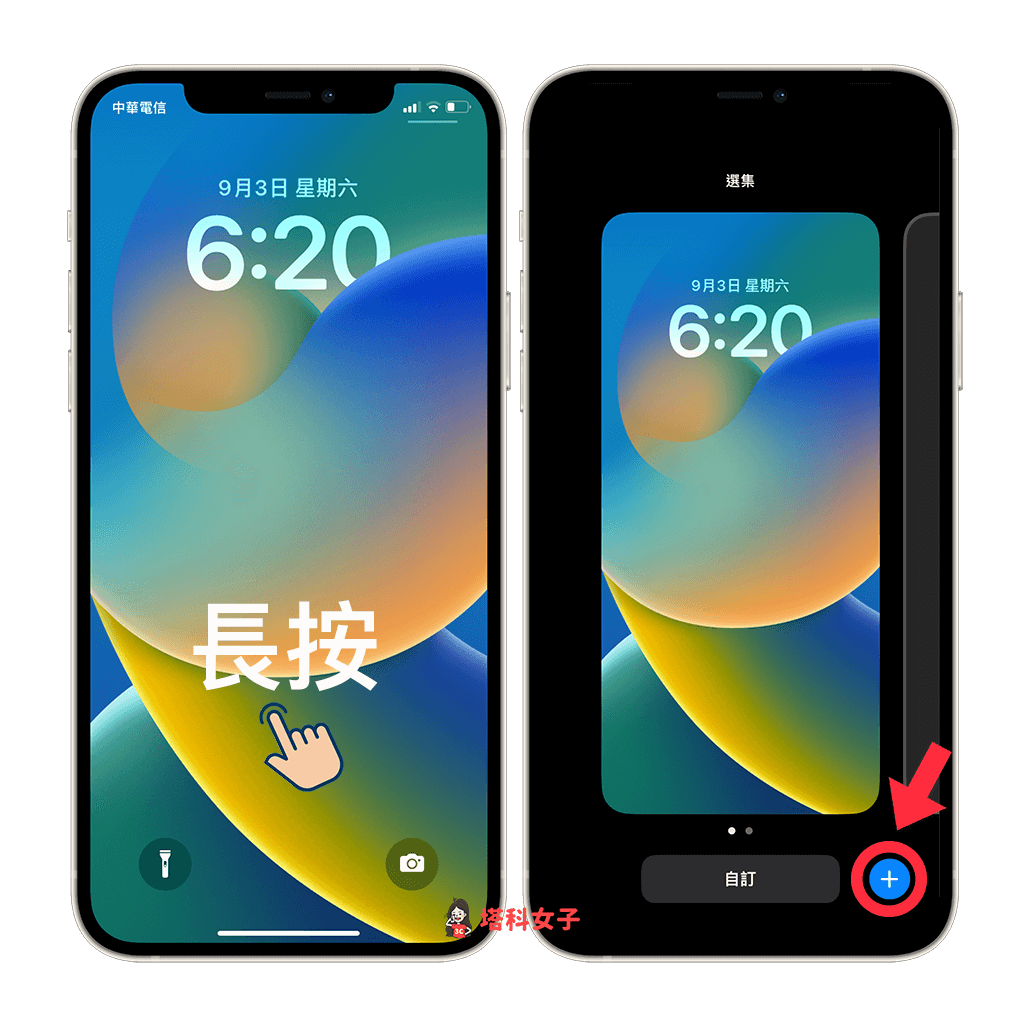 iPhone 鎖定桌布自動更換：長按鎖屏，點選＋