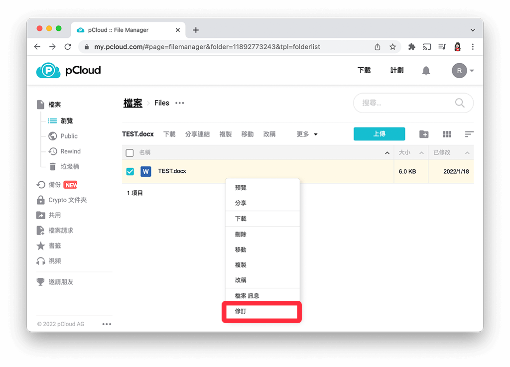 pCloud 功能與特色：修訂版本管理