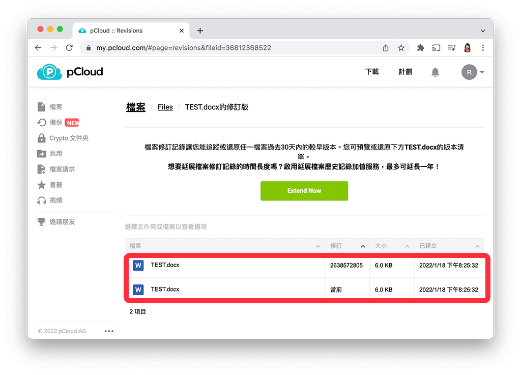 pCloud 功能與特色：修訂版本管理