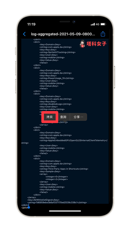 查詢 iPhone 電池的充電循環次數：複製所有文字