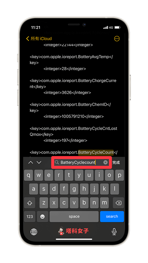 查詢 iPhone 電池的充電循環次數：輸入 BatteryCycleCount