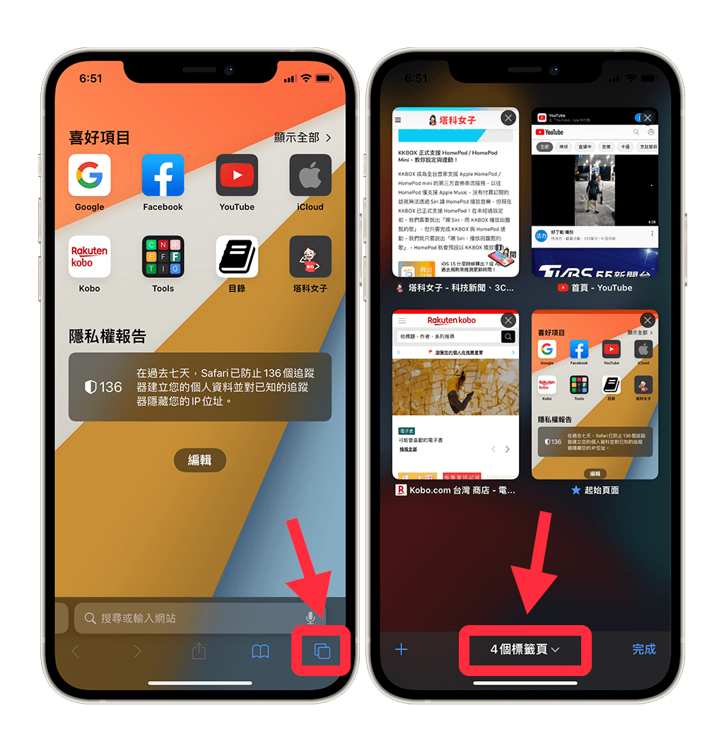 iOS 15 Safari 標籤頁群組：點選「標籤頁」按鈕