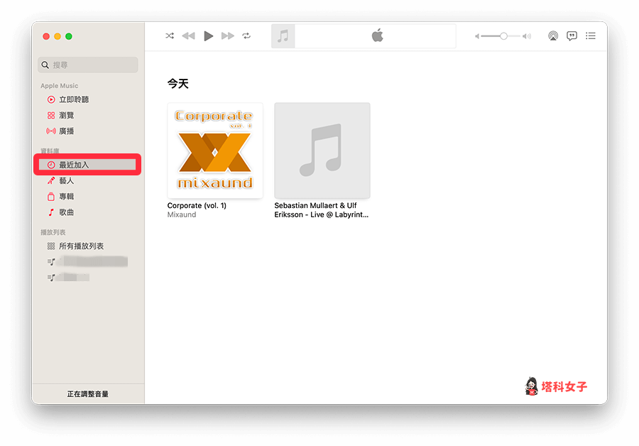 Apple Music 匯入音樂：切換到「最近加入」