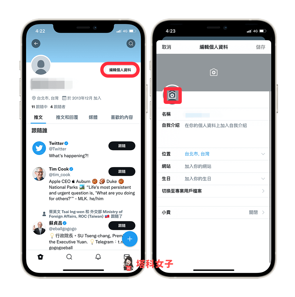 Twitter NFT 大頭貼：編輯個人資料 > 相機