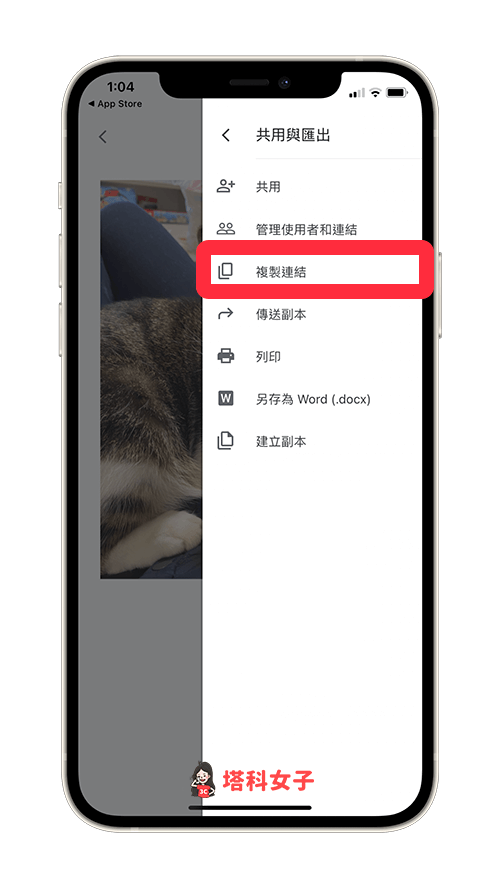 Google 文件手機版 APP 下載圖片：點選「複製連結」
