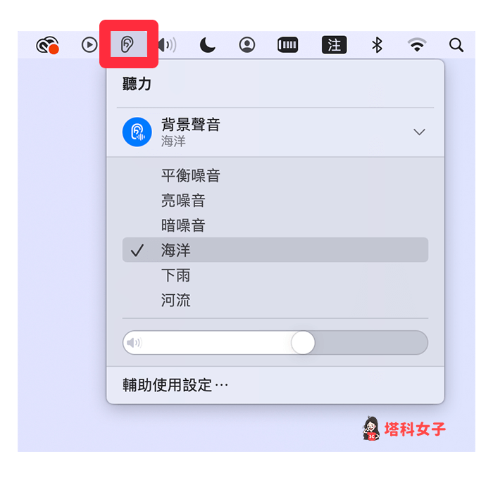 在「選單列」播放 Mac 白噪音