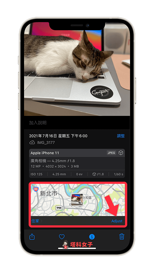 點選照片 EXIF 資訊下方地圖右下角的「調整」