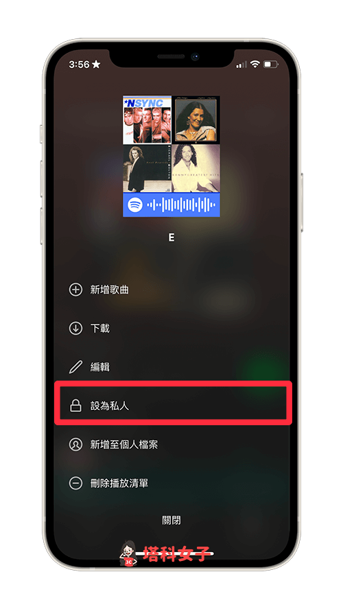 將 Spotify 播放清單設為私人 (App)：點選 設為私人