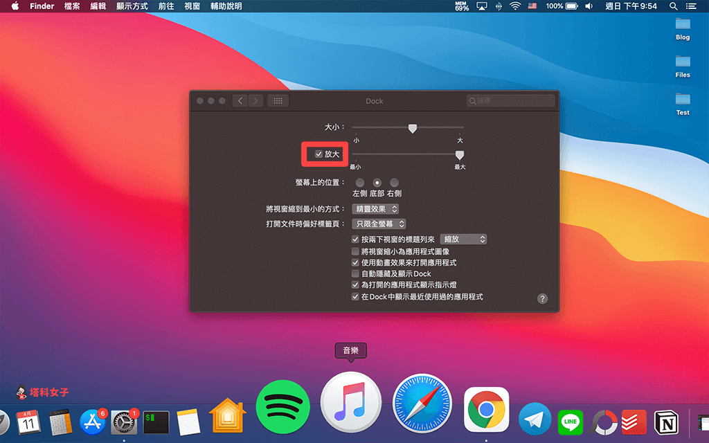 更改 Mac 底端 Dock 的動態效果